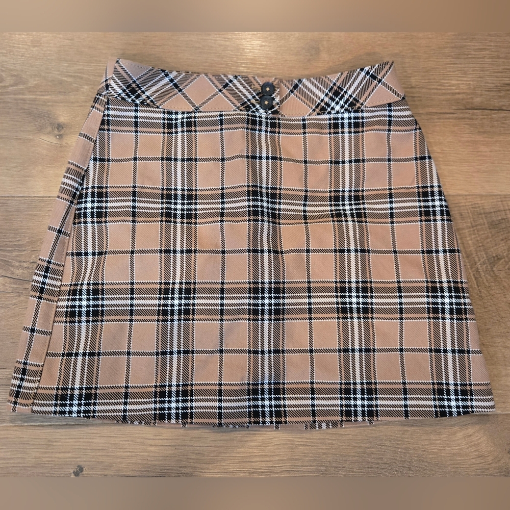 Express Mini Plaid Skirt in Tan and Black